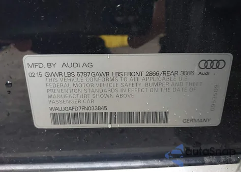 2015 Audi A8 3.0T z USA, uszkodzony, nr VIN WAUJGAFD7FN033845